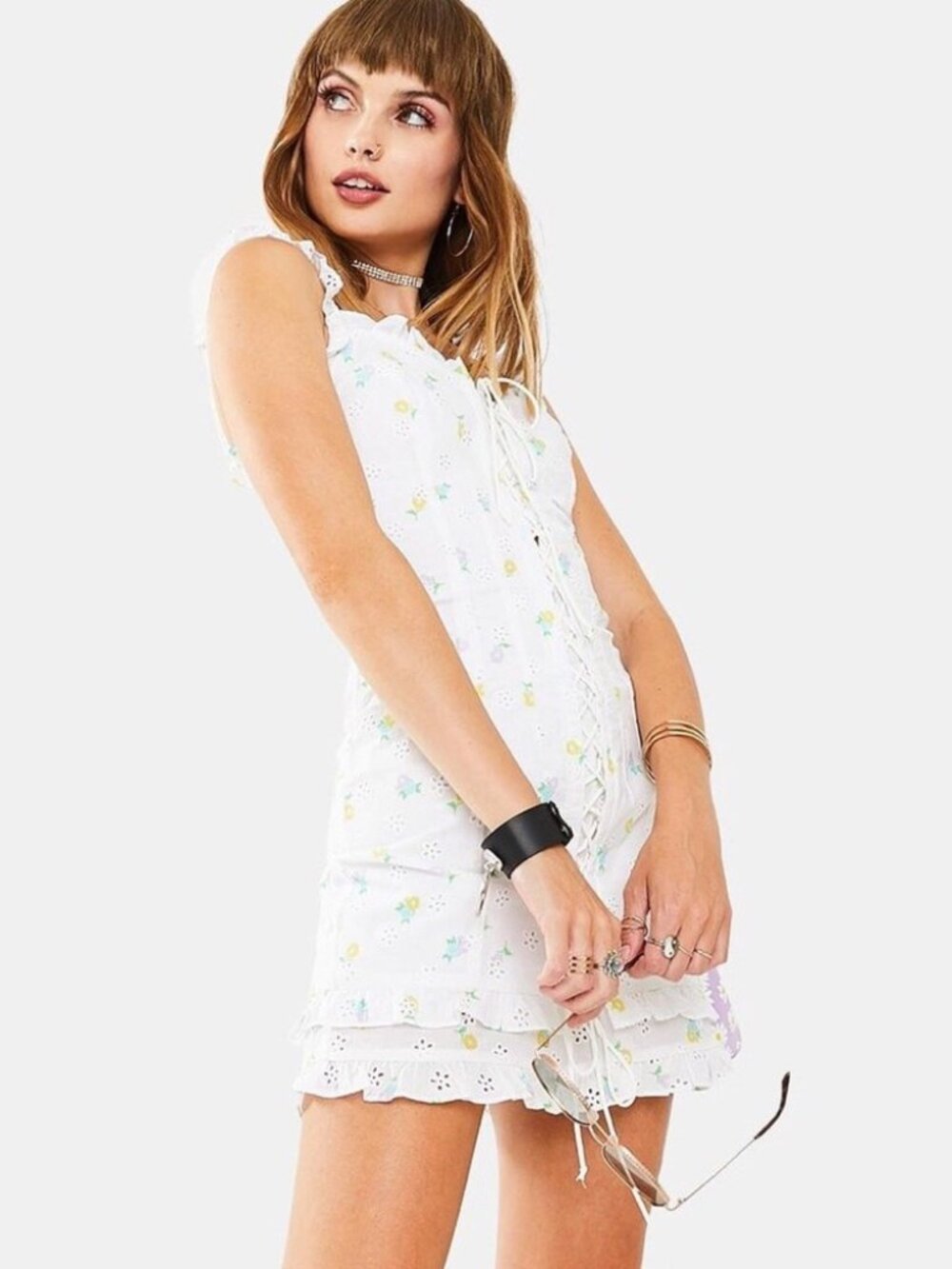 NWT For Love and Lemons floral white eyelet lace up Azalea mini dress